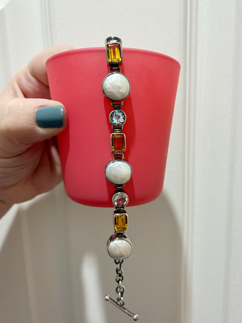 Artisan Sterling Silver Bracelet with Pearl, Citrine & Blue Topaz